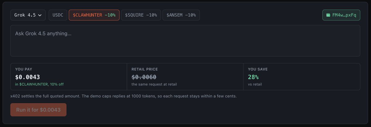 The inference demo running Grok 4.5: you pay $0.0043 in $CLAWHUNTER against a $0.0060 retail price — 28% saved